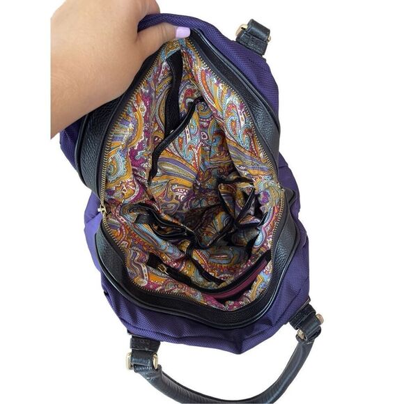 JPK Womens Purple Gold Tone Nylon Top Zip Closure Leather Double Handle Handbag - Picture 4 of 11